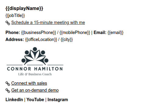 Exemplo de assinatura de e-mail dinâmica com espaços reservados.