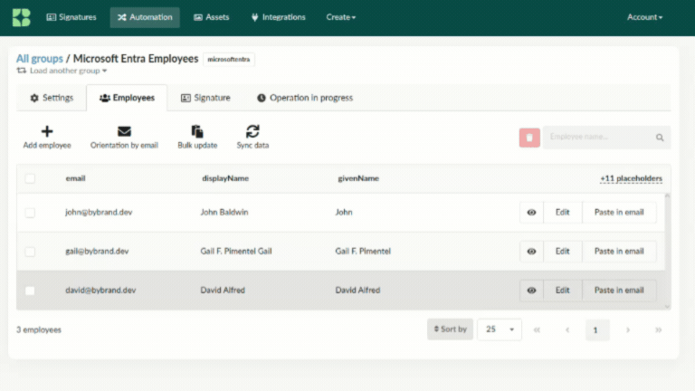 Prévia das assinaturas de e-mail geradas.