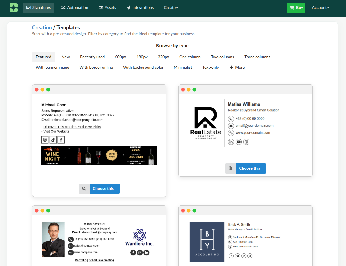 Galeria de templates de assinatura Bybrand.