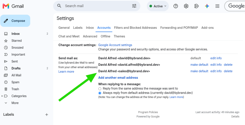 Gmail settings - send email as