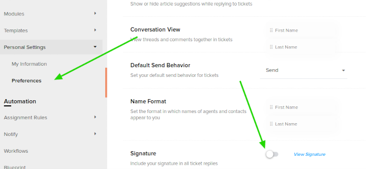 Enabling Zoho Desk agent email signature