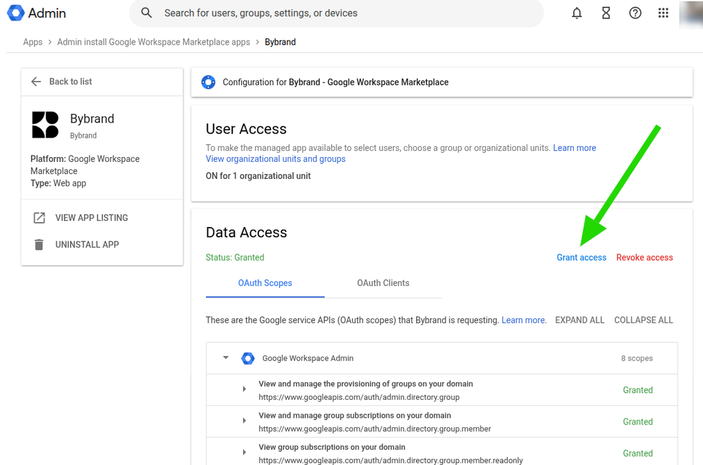 Granting Bybrand app access in Google Workspace.
