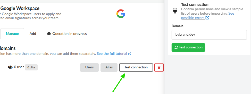 Test the integration connection with Google Workspace.