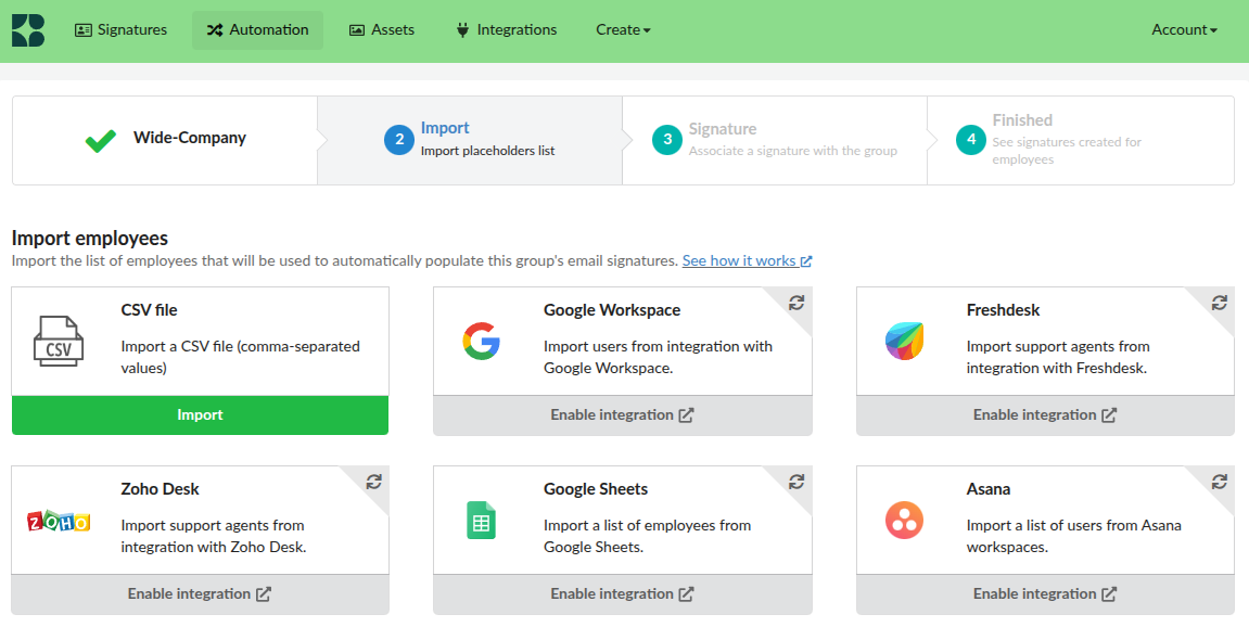 Import employees from a CSV file.