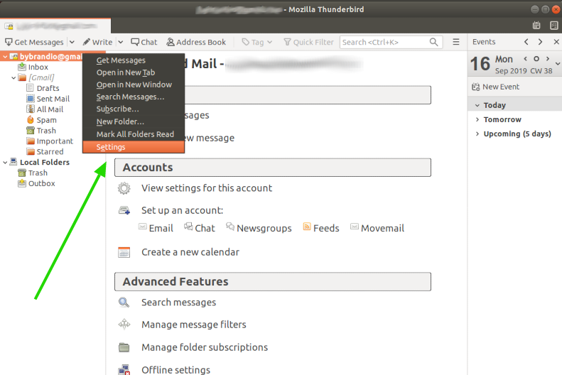 Configurações de e-mail do Thunderbird