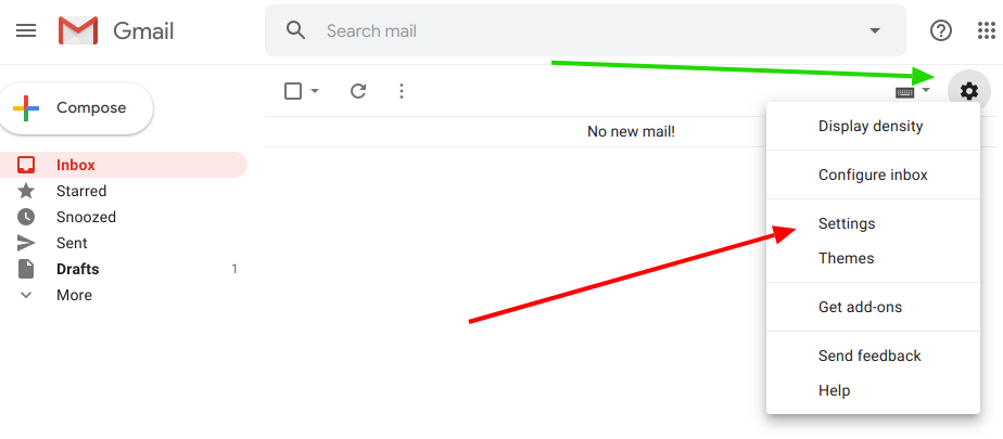 Área de configuração do Gmail