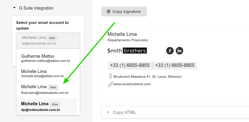 Updating alias email signature tag