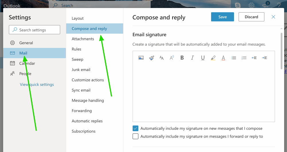 Outlook.com email signature area