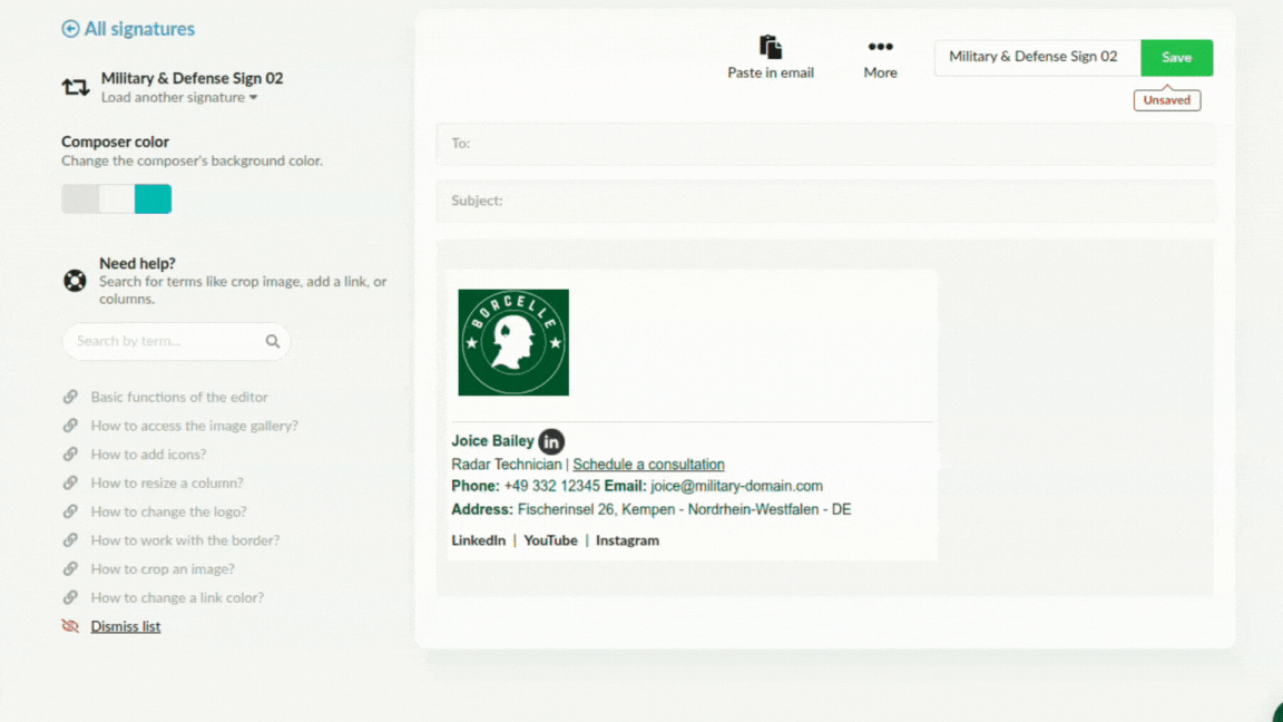 Example of changing the background color in the email signature