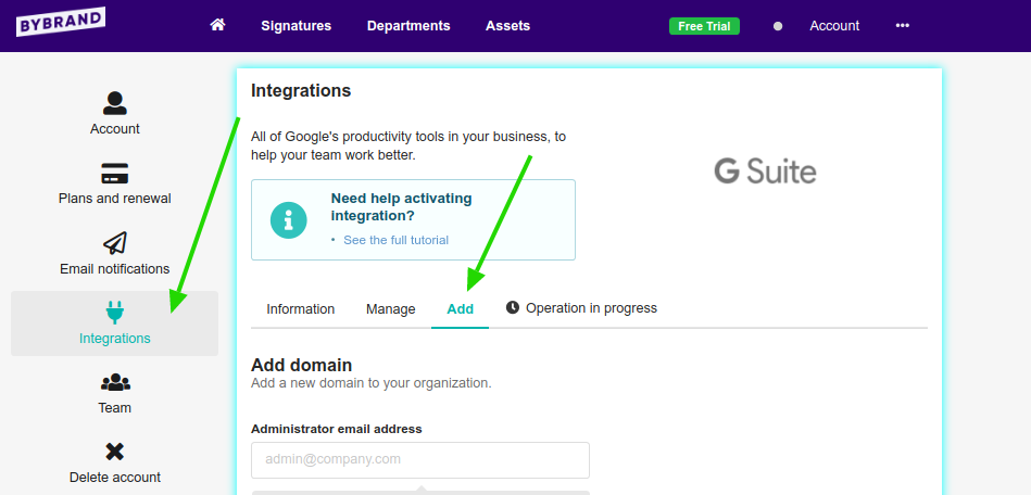 Adicionar um domínio do G Suite no Bybrand