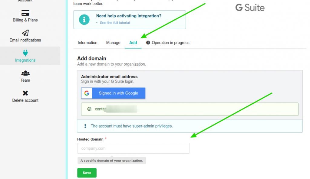 Adicionar um domínio do G Suite no Bybrand