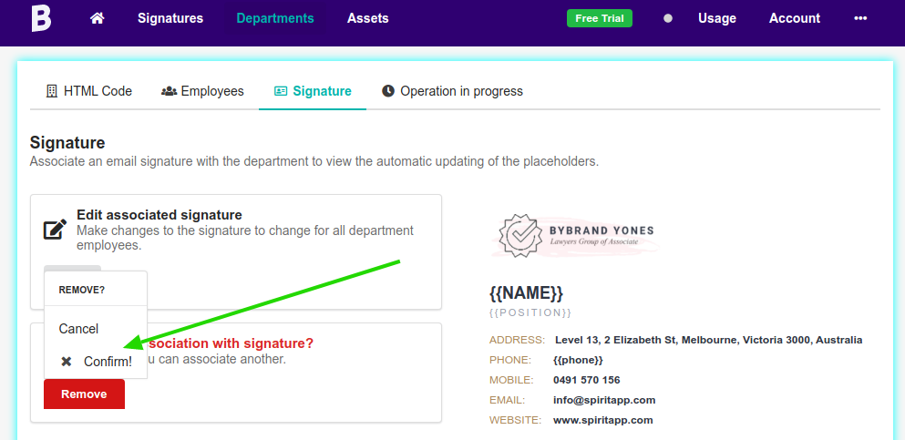 Remove signature of the department