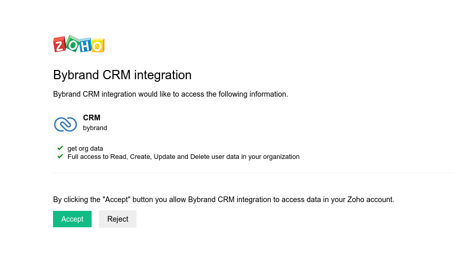 Authorizing the Bybrand app in Zoho CRM