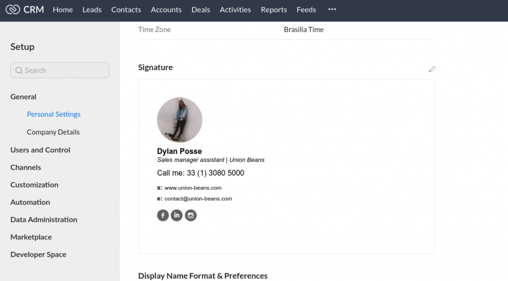 Zoho CRM dashboard with new HTML email signature