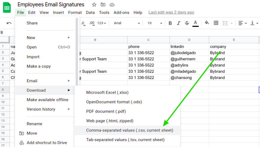 Google Sheets CSV file example