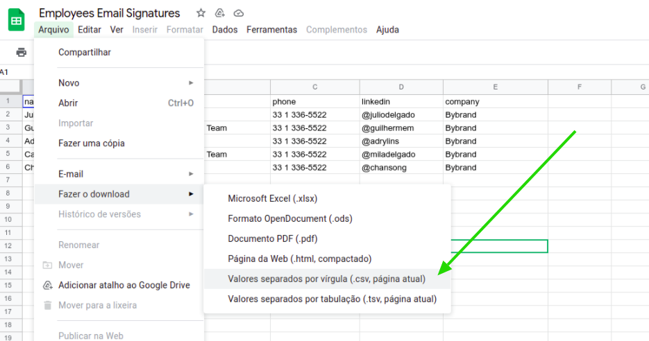 Exemplo de exportação com Google Sheets