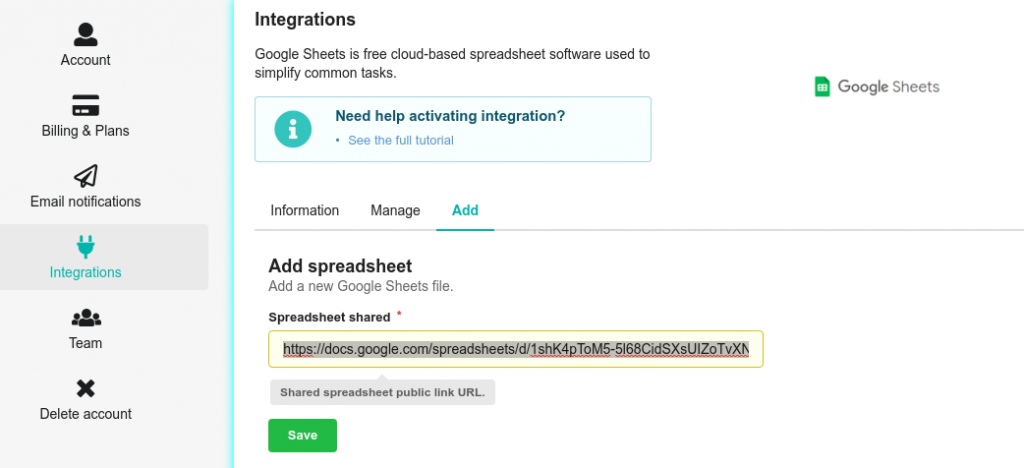 Adding Google Sheets file