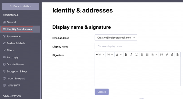 Identidade e endereços no ProtonMail