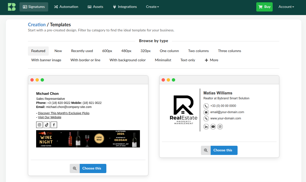 Exemplo da página de modelos de assinatura.