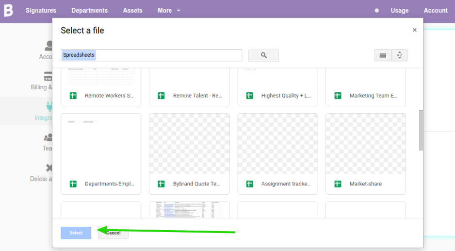 Selecionar arquivo Google Sheets