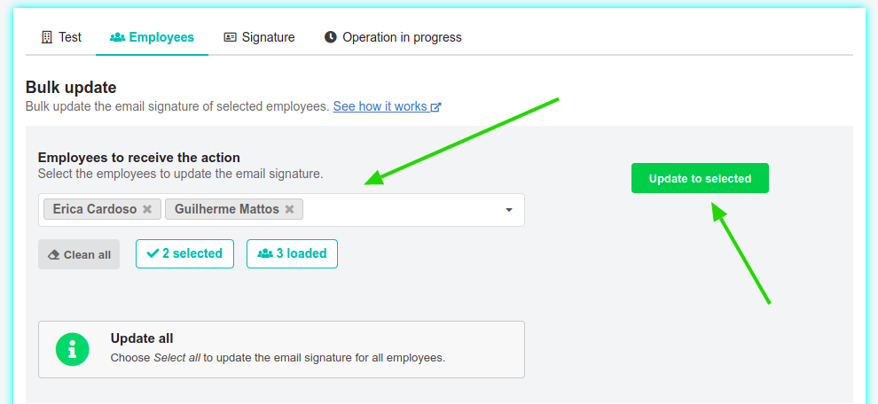 Área de atualizar em massa uma assinatura para funcionários selecionados.