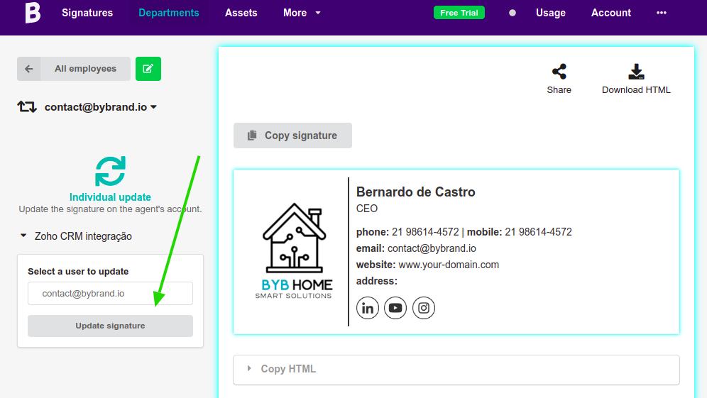 Update a signature individual to Zoho CRM user