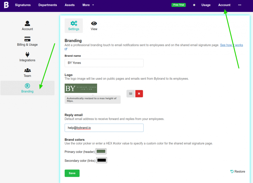 Branding menu settings.