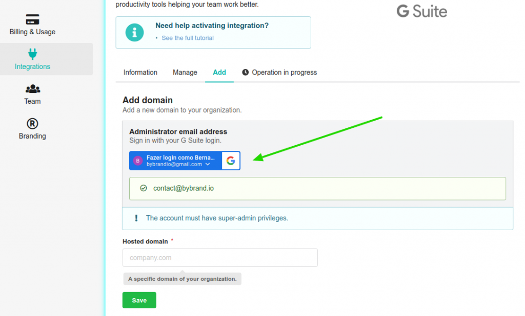 Google Workspace integration with super-admin email