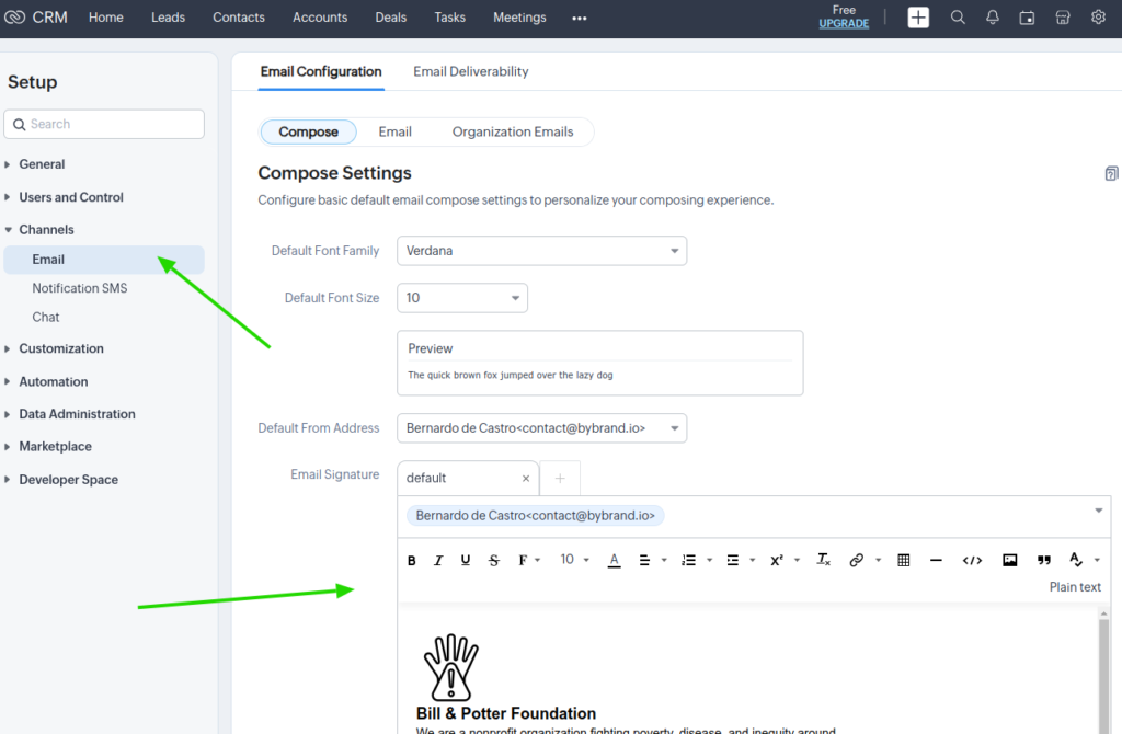 Zoho CRM dashboard with new HTML email signature