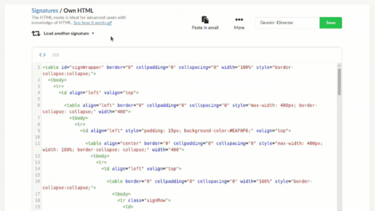 Signature created with own HTML