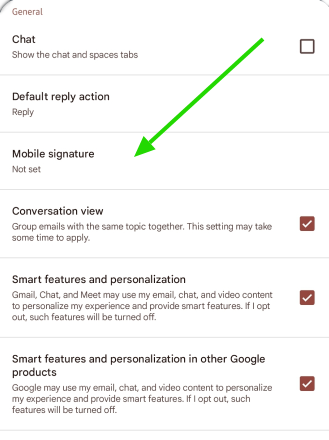 Gmail Android email signature not set.